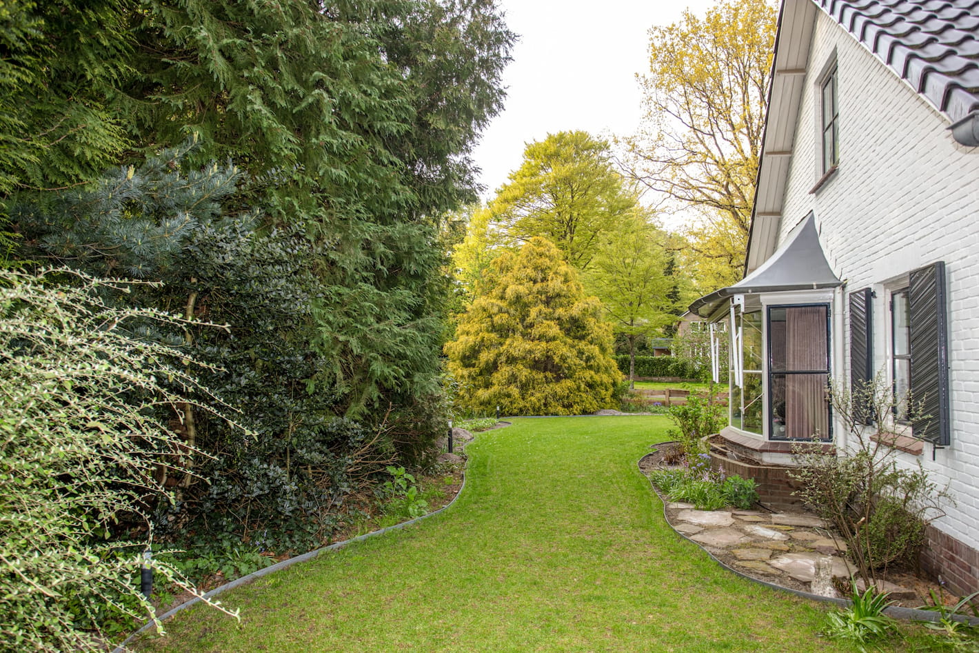 Achtertuin met groen gras en volwassen bomen bij een tuinrenovatie in Hilversum door Snijers Tuinen.